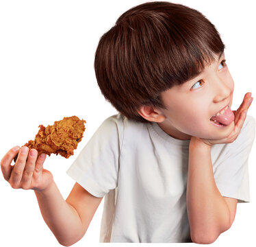 Playful boy licking fingers beside fried chicken on transparent background. Concept of restaurant advertising, takeaway promotions, kids menus, flavor campaigns and social media content.