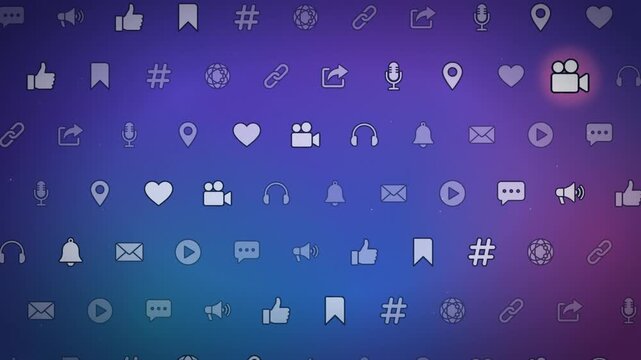Social media icon motion background loop with glowing streaming and communication symbols