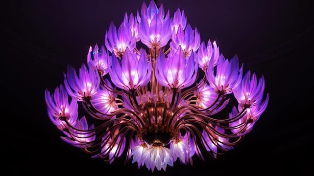 Elegant blue lotus chandelier glows in a dark room