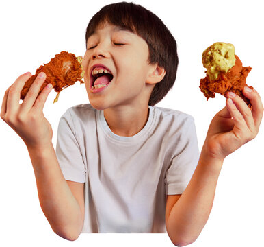 Hungry boy choosing between two fried chicken drumsticks on transparent background. Concept of fast food promotions, combo menus, delivery services, food reviews and consumer choice.