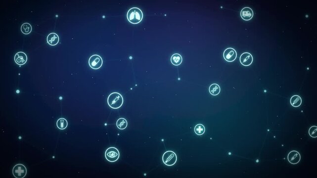 Medical icon network with connecting lines and nodes for healthcare technology background