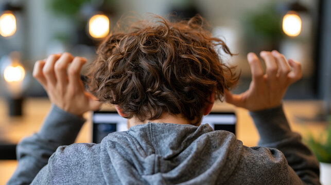 Frustrated customer seen from behind throwing hands up in irritation during a complicated online subscription cancellation on a laptop. Close-up of digital service failure