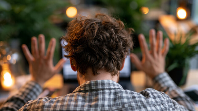  Frustrated male customer seen from behind with hands raised in irritation, trying to cancel an online subscription on a laptop. Close-up view of digital service frustration