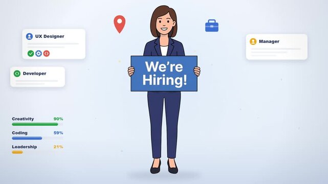 Animated we are hiring recruitment explainer with job skills and apply now button