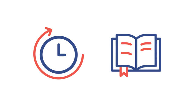 Line art icons of a clock with a reset arrow and an open book with a bookmark