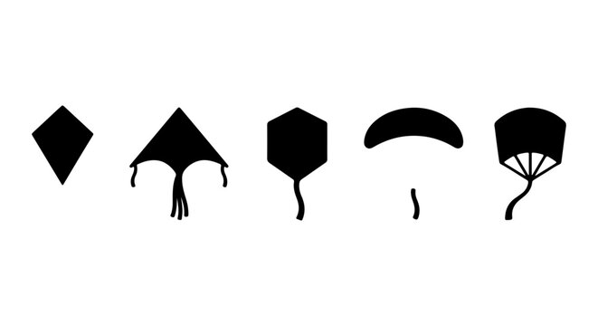 Diverse Kite Silhouettes, Vector Icons Set: Diamond, Delta, Hexagonal, Parachute, Fan Shapes