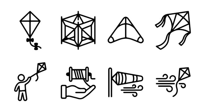 Vector Kite Icons Set: Flying Kites, Wind Sock, Person Flying Kite, Spool, Wind Elements