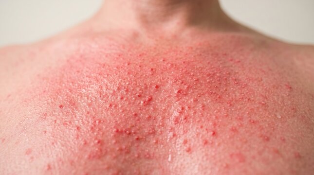 Severe heat rash or allergic reaction with red bumps on human chest and neck