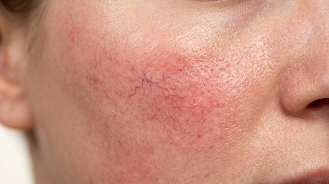 Close up of severe rosacea with broken capillaries and facial redness on cheek