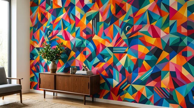 Vibrant and colorful abstract geometric wallpaper brightens a modern living room, featuring a dynamic pattern of triangles and a subtle artistic design element