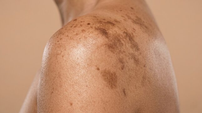 Close up of extensive melasma and hyperpigmentation sun damage on human shoulder