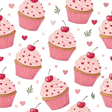 Sweet Pink Cupcake with Cherry Seamless Pattern for Valentine Bakery and Cafe Design
