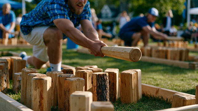 Kubb Viking game players launching wooden batons underarm across grass rectangle toward king pin target, tournament field lined with multiple simultaneous matches, handcrafted birch sets on European