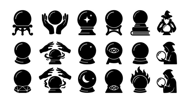 Mystical Crystal Ball Icons, Fortune Telling Orbs, Psychic Vision Symbols, Magic Future Spheres