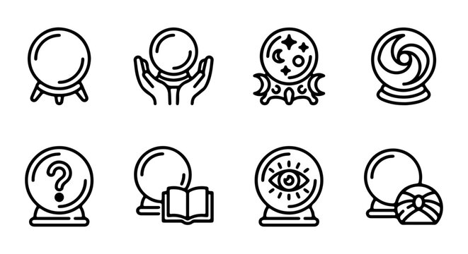 Crystal Ball Icons, Fortune Telling Symbols, Mystical Orbs, Psychic Predictions, Vector Set