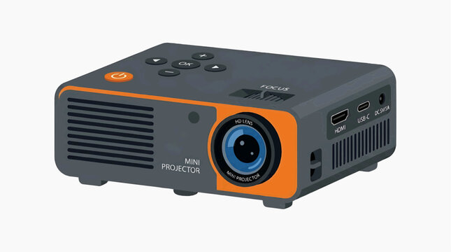 Compact Mini Projector for Home Cinema: A modern, compact mini projector designed for home entertainment, featuring a sleek grey and orange casing with a prominent lens and various ports.