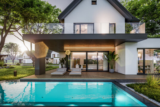 3d rendering of contemporary architectural luxury house exterior. Modern Scandinavian style family home with a white plaster walls, dark roof, and beautiful garden at golden hour