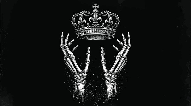 Intricate vector illustration showing skeletal hands reaching up toward a detailed royal crown with texture