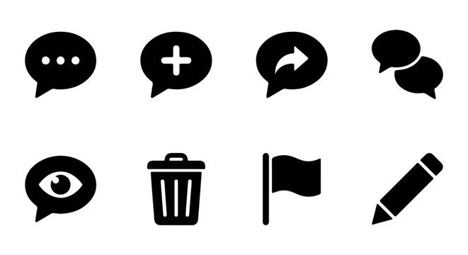 Minimalist social media icon set, black solid chat bubbles and interface symbols vector, 8 communication and editing web elements for app design