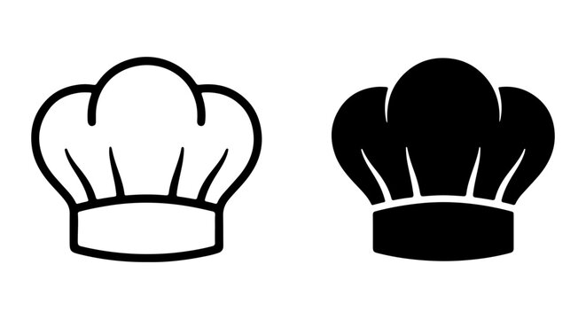 Chef hat vector icons, professional baker toque outline and silhouette set, culinary uniform symbols for restaurant branding and menu design