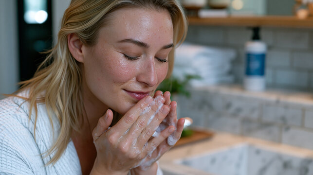 Skincare enthusiast massages cleansing balm in circular motions across makeup-covered face above marble basin, double cleanse method first step shown in detail, oil emulsifying over skin surface, va