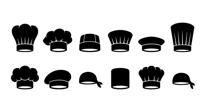 Chef hat icon set with 12 black silhouettes, professional cook headwear vector collection, kitchen uniform and bakery apparel symbols
