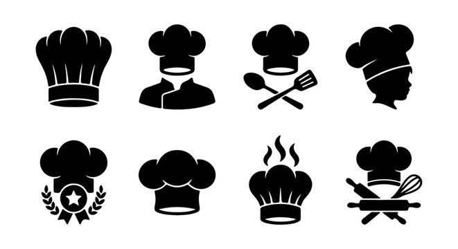 Chef hat icon set with 8 black vector silhouettes, professional cook uniform and kitchen tool symbols, restaurant culinary branding elements