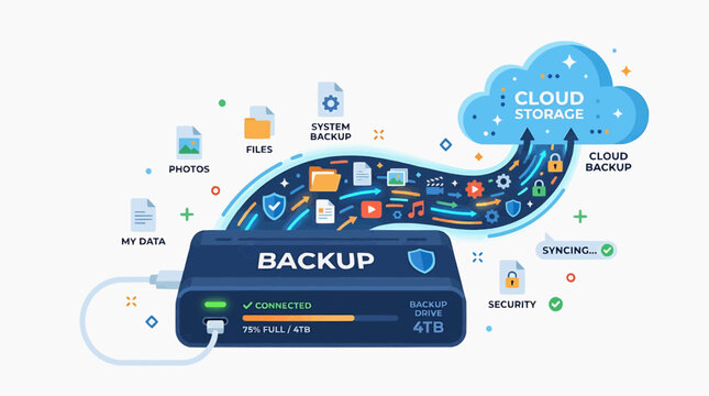 Cloud Backup Technology: A visualized representation of cloud backup technology, showcasing data transfer from a hard drive to a cloud storage icon.