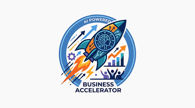 AI-Powered Business Accelerator Rocket Launch: An innovative concept illustrating an AI-powered rocket launching upwards, symbolizing rapid business growth and acceleration.