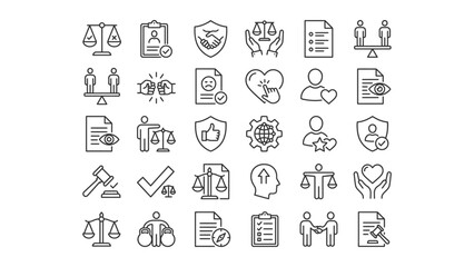 Fototapeta premium Comprehensive set of legal business and human rights vector line icons representing justice equality and protection concepts