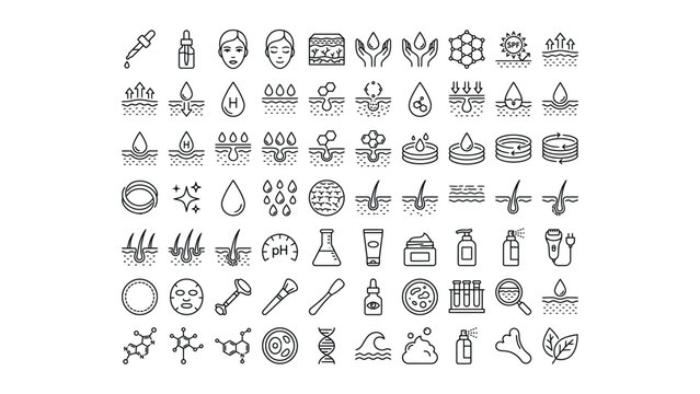 Line icon set for cosmetology skincare and beauty product research illustrating a wide range of dermatology elements