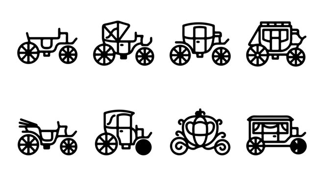 Vintage Carriage Icons Set, Horse-Drawn Vehicle Vector Collection, Old Fashioned Transport Graphics