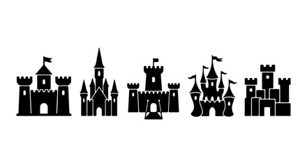 Fantasy Castle Icons Set, Medieval Fortress Silhouettes, Royal Palace Vector Collection © Kh