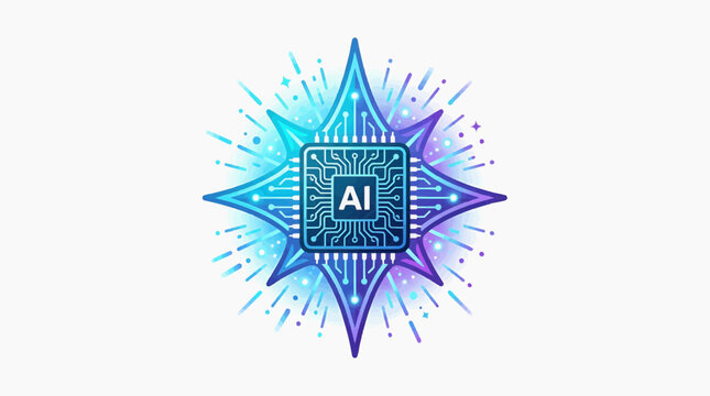 AI Core Radiance: An AI chip at the heart of a dazzling starburst, symbolizing artificial intelligence and technological innovation, glowing with vibrant blue and purple energy.