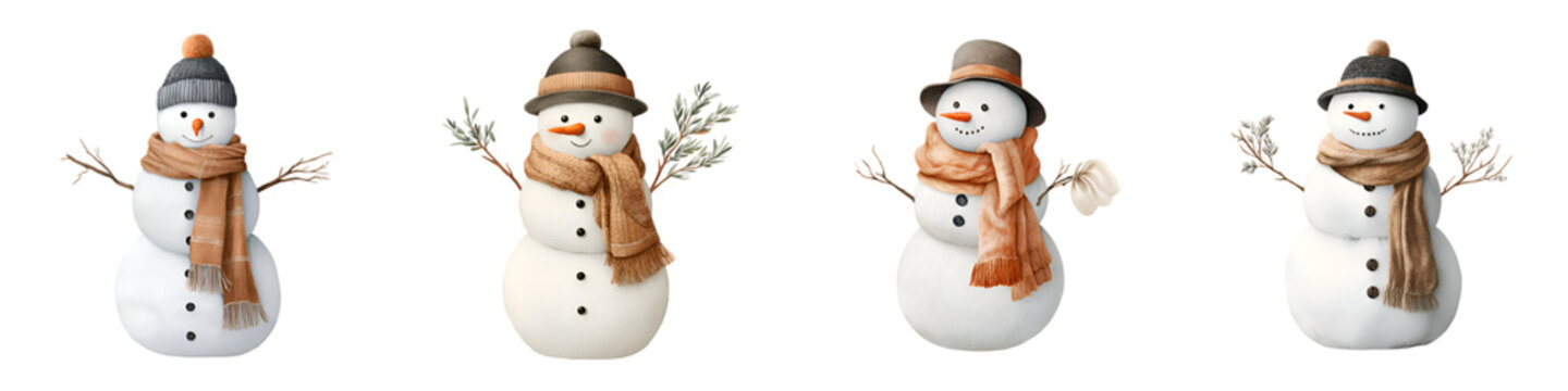 Collection of Cute Watercolor Snowmen Characters Isolated on White Background, Winter Holiday Theme