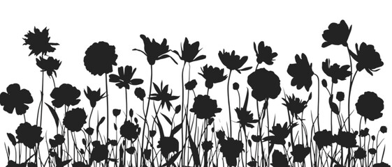 Fototapeta premium Flowers grow in a dense garden arrangement portrayed as a detailed black silhouette on a background.