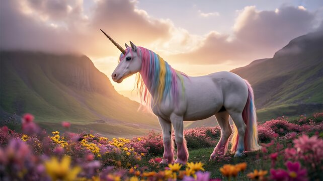 Magical white unicorn standing in colorful flower meadow with fantasy mountain landscape