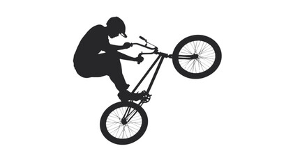 Fototapeta premium Bicyclist performs an athletic stunt on a bike while balancing on the rear wheel in this silhouette.