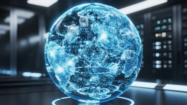 Glowing holographic sphere with digital patterns in modern data center setting, futuristic technology