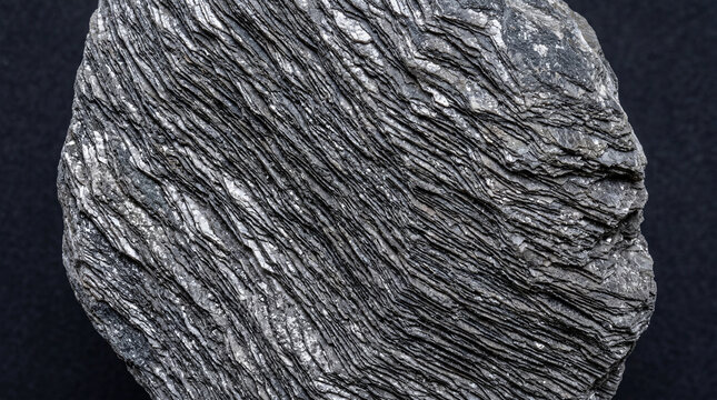 Extreme macro of mica schist surface with sparkling flaky layers on solid charcoal background