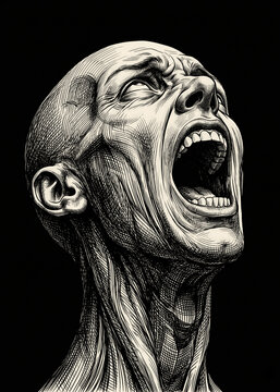 Expressive dark art portrait of a screaming bald man in agony