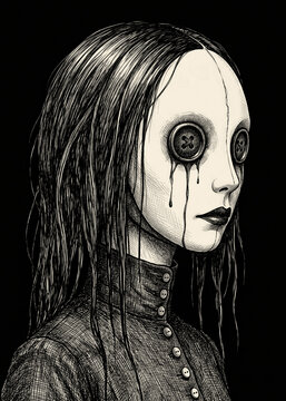 Surreal horror portrait of a creepy girl with button eyes crying black tears