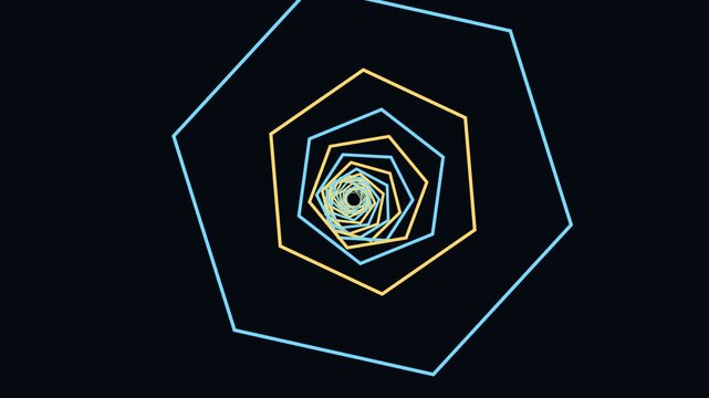Colorful geometric shapes spiral inward in a digital design