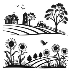 Obraz premium Farm scene with barn tractor sunflowers farm life farm equipment farm animals farmland