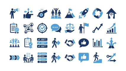 Fototapeta premium Business management strategy and leadership icons set depicting success teamwork growth and communication concepts
