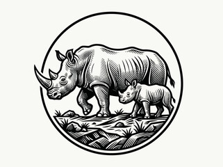 Woodcut Rhino and Calf Circular Emblem Illustration © Tika