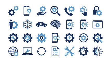 Fototapeta premium Modern technology and business service settings icons collection for digital process management and optimization development