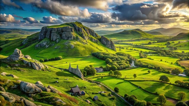Beautiful green landscape of irish countryside with rocky outcroppings