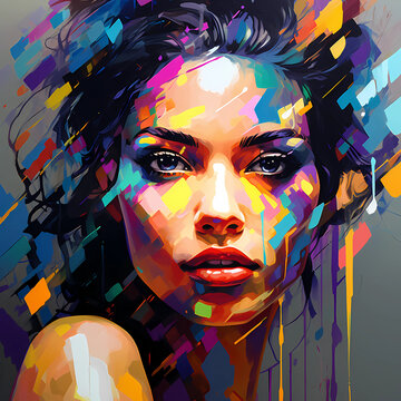 Vibrant abstract oil painting style portrait of a beautiful woman