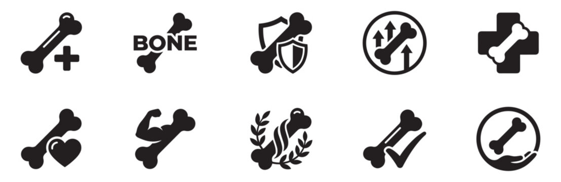 Strong bone icon set. Bone health and orthopedic symbol. Calcium joint strength logo. Skeleton protection sign. Anatomy vector illustration. Flat style graphic. EPS 10